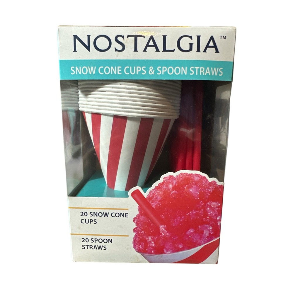 Nostalgia Snow Cone Cups x 20 & Spoon Straws x‎ 20 Shaved Ice New in Sealed Box